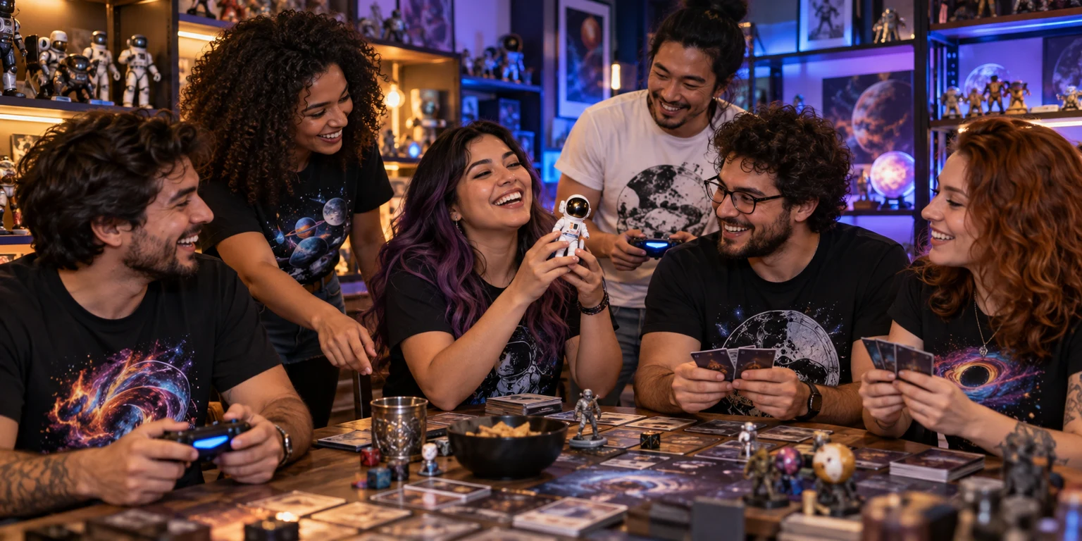 Cena gerada: amigos com camisetas cósmicas compartilham jogos, controles e um colecionável em uma loja geek