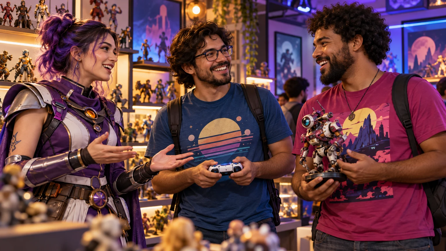 Cena gerada: amigos com traje de aventura espacial, camiseta gamer, controle e miniatura de robô em um encontro geek