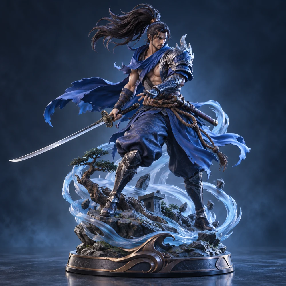 Action figure de Yasuo com katana metálica, traje azul ioniano e base com efeito de vento